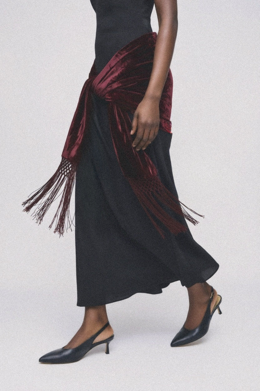 Burgundy Velvet Fringed Shawl